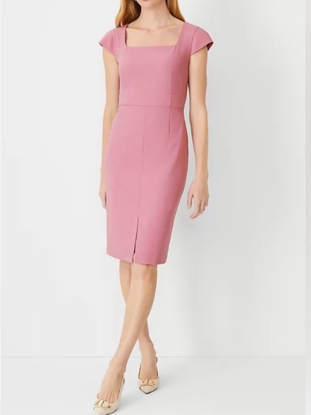 NWT Ann Taylor Scooped Square Neck Front Slit Sheath Dress Mauve Orchid 6 Curvy